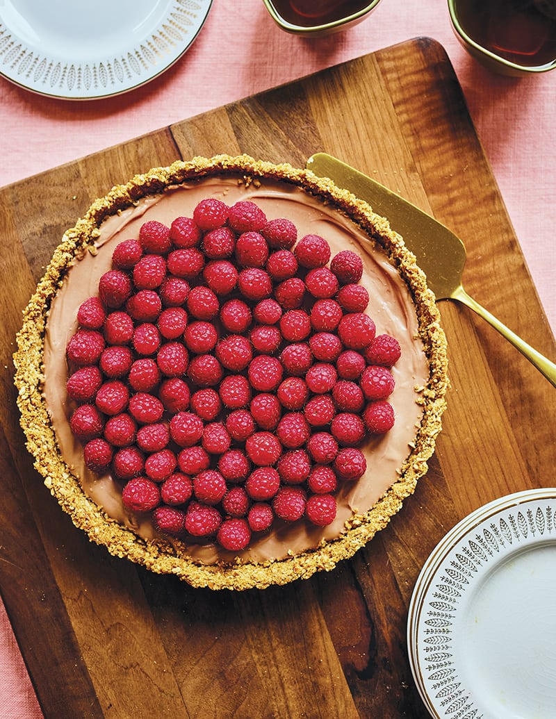 Tarte choco-bretzels aux framboises