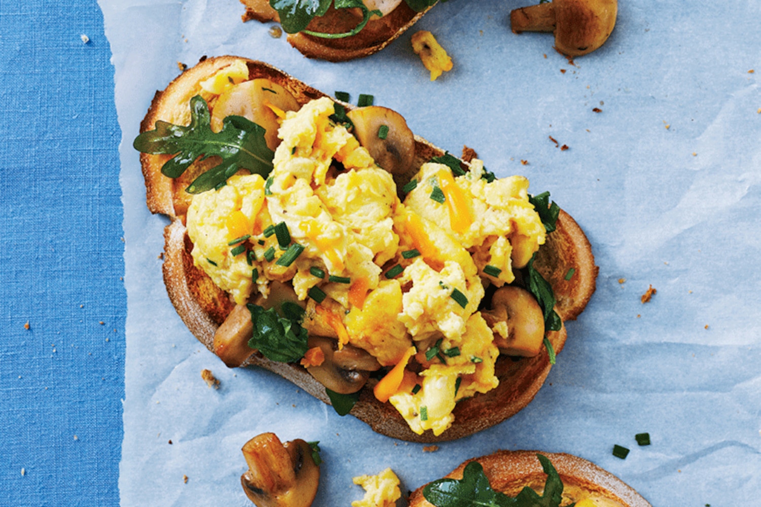 ChiveCheddar Scrambled Eggs on Mushroom Toasts Canadian Living