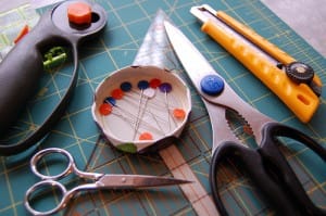 Missing from this photo: two pairs of fabric shears and my other rotary cutter. I don't usually use this many cutting implements when quilting!