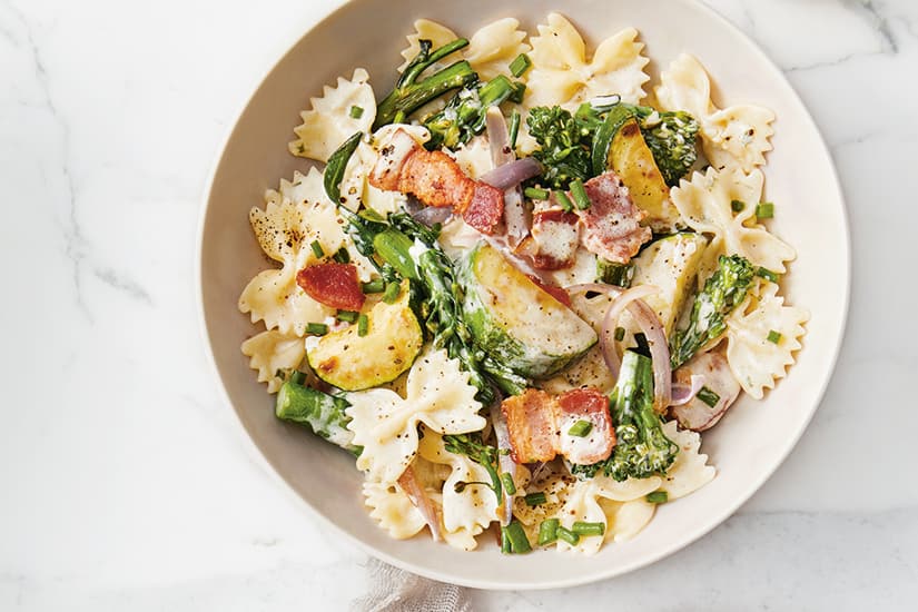 Veggie & Bacon Pasta With HerbGarlic Cheese Sauce Canadian Living