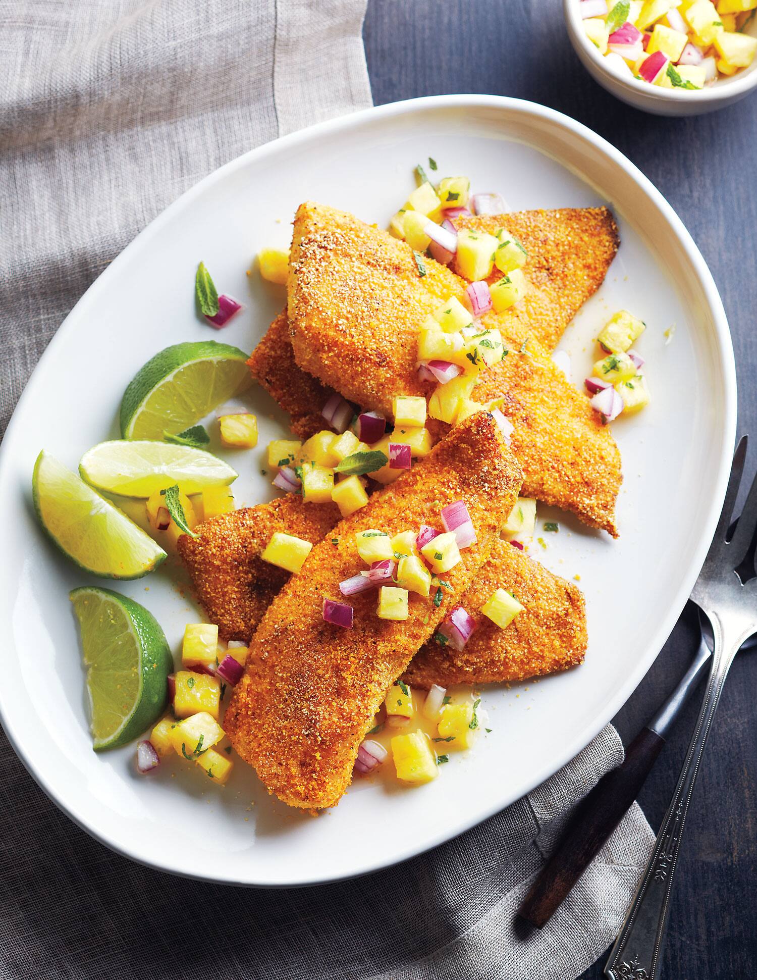 Chili Cornmeal Fish With Pineapple Mint Salsa Canadian Living