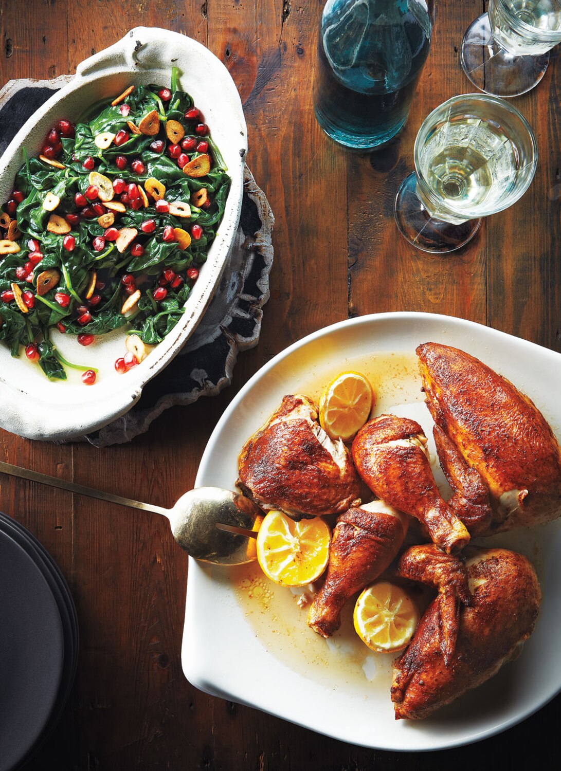 Pomegranate Spinach With Garlic Chips | Canadian Living