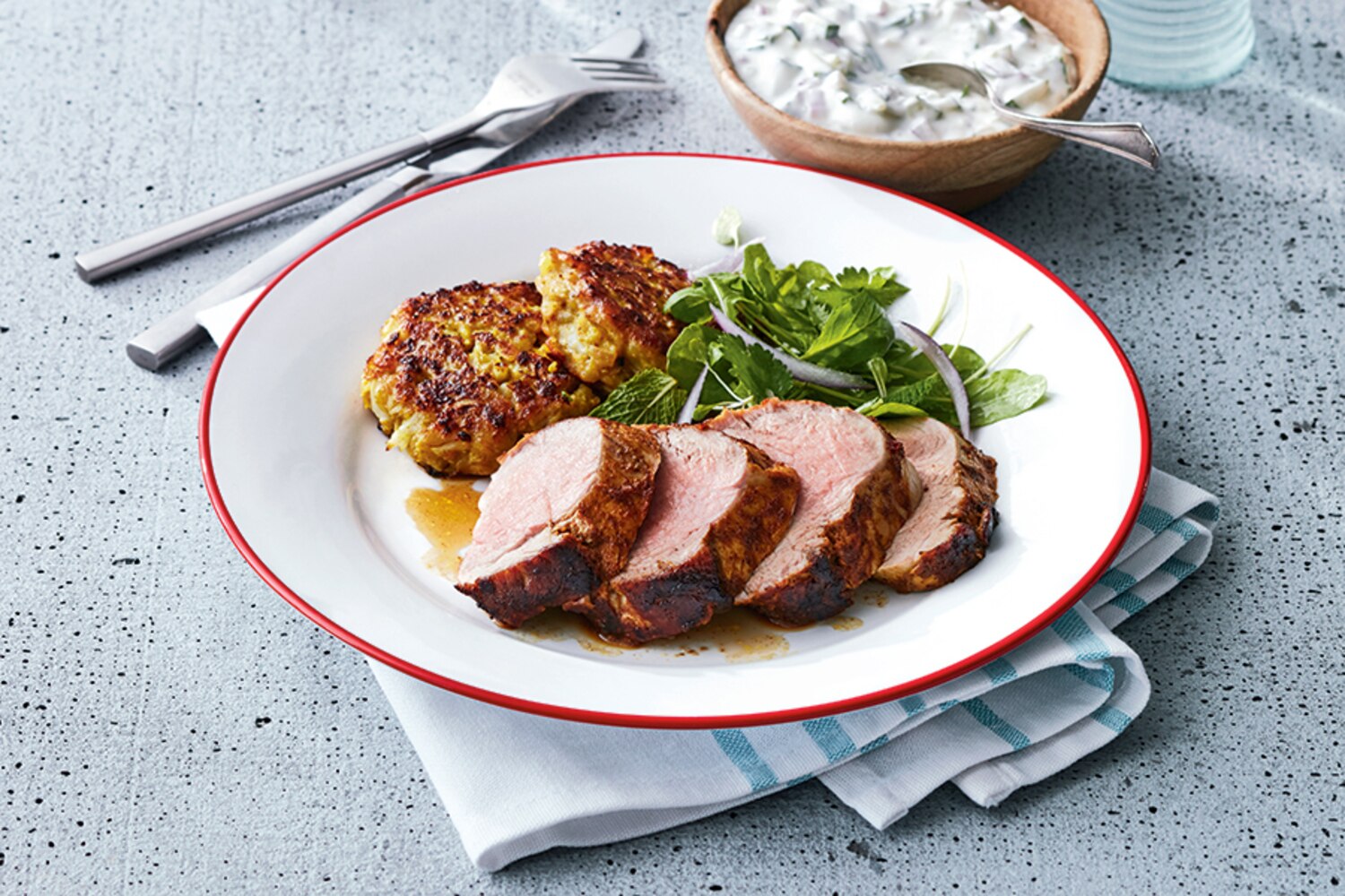 Curried Pork Tenderloin with Aloo Gobi Cakes | Canadian Living