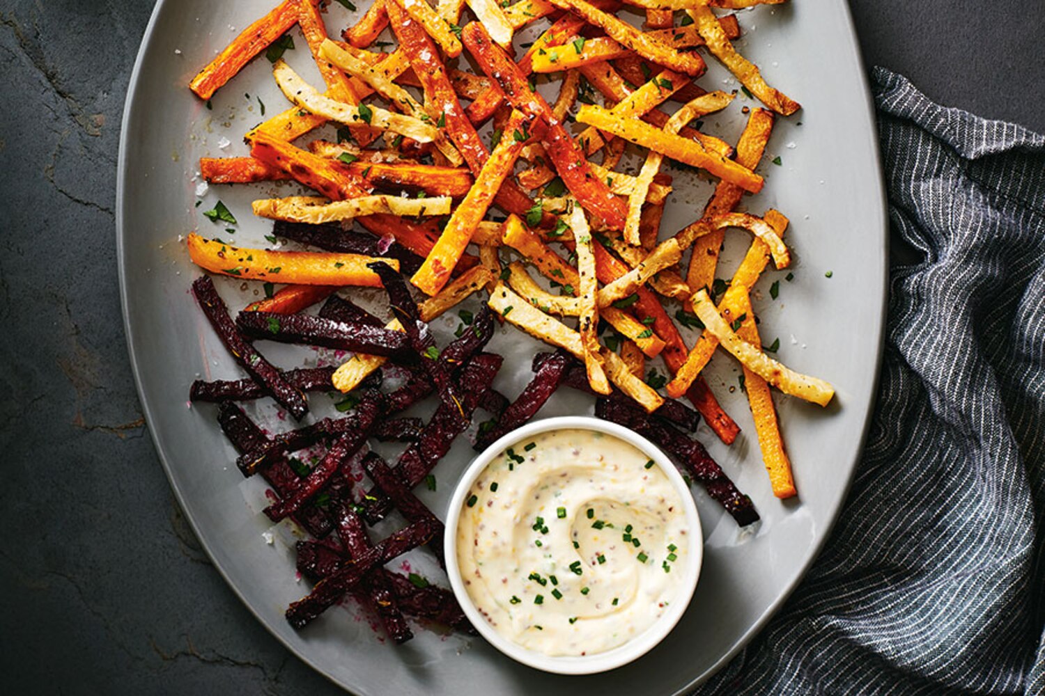 Rainbow Root Fries With Chive Mayo Canadian Living