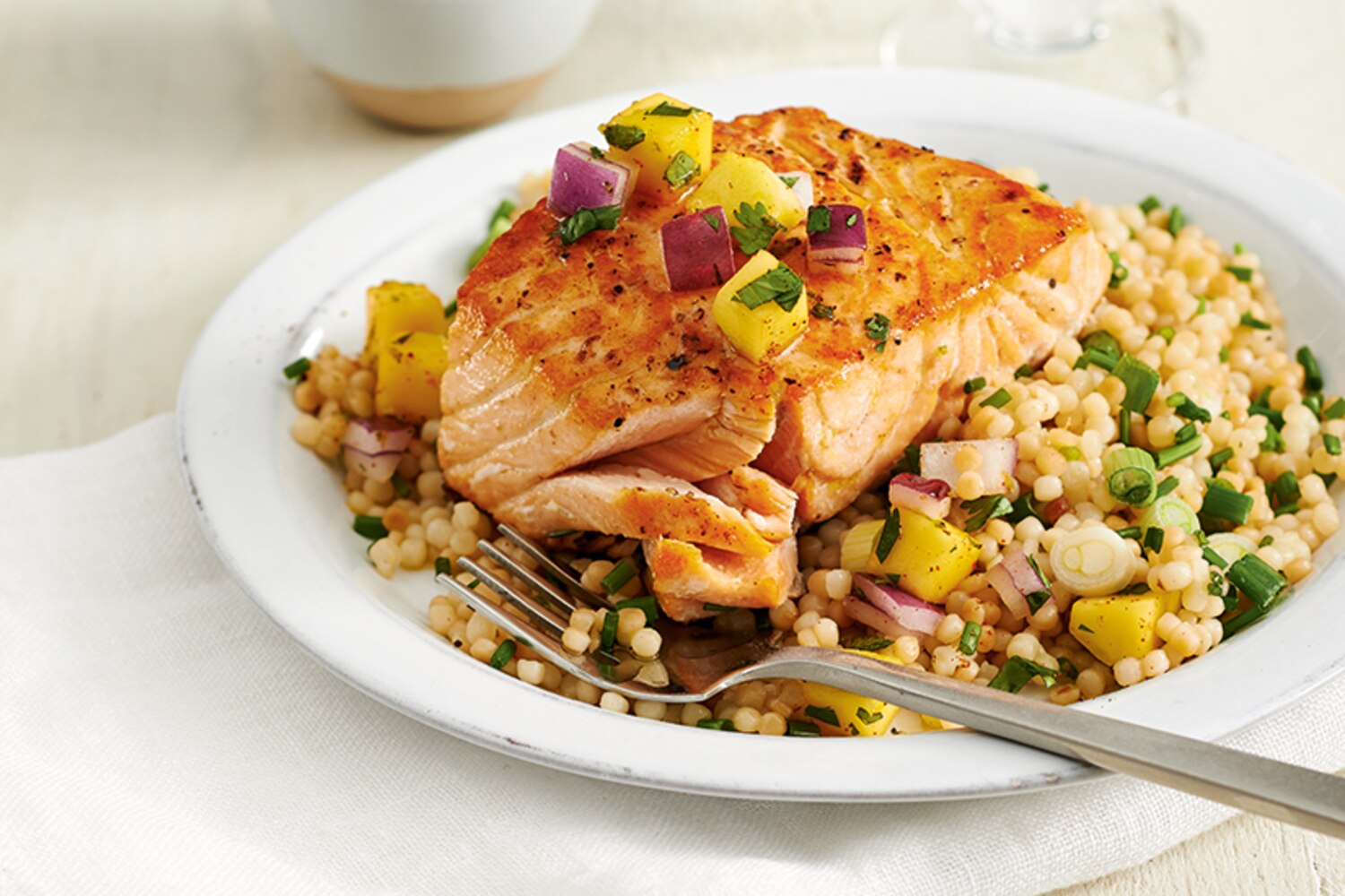 Seared Salmon with Buttery Couscous and Mango Salsa ...