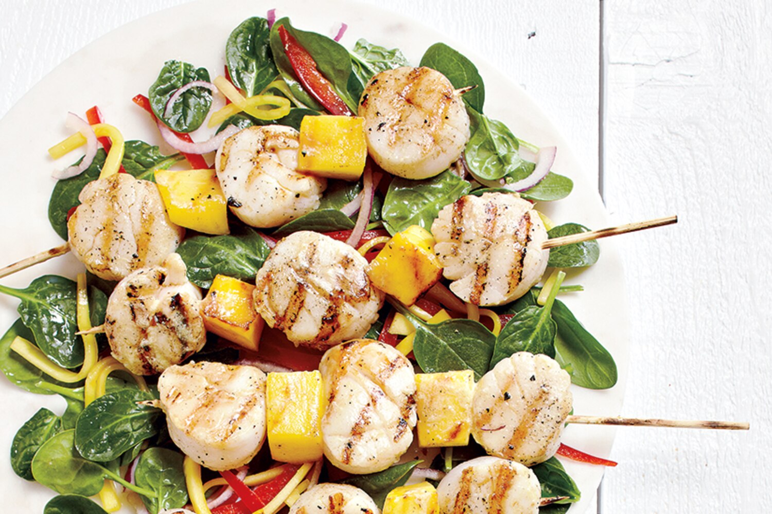 Mango Scallop Skewers With Spinach Toss | Canadian Living