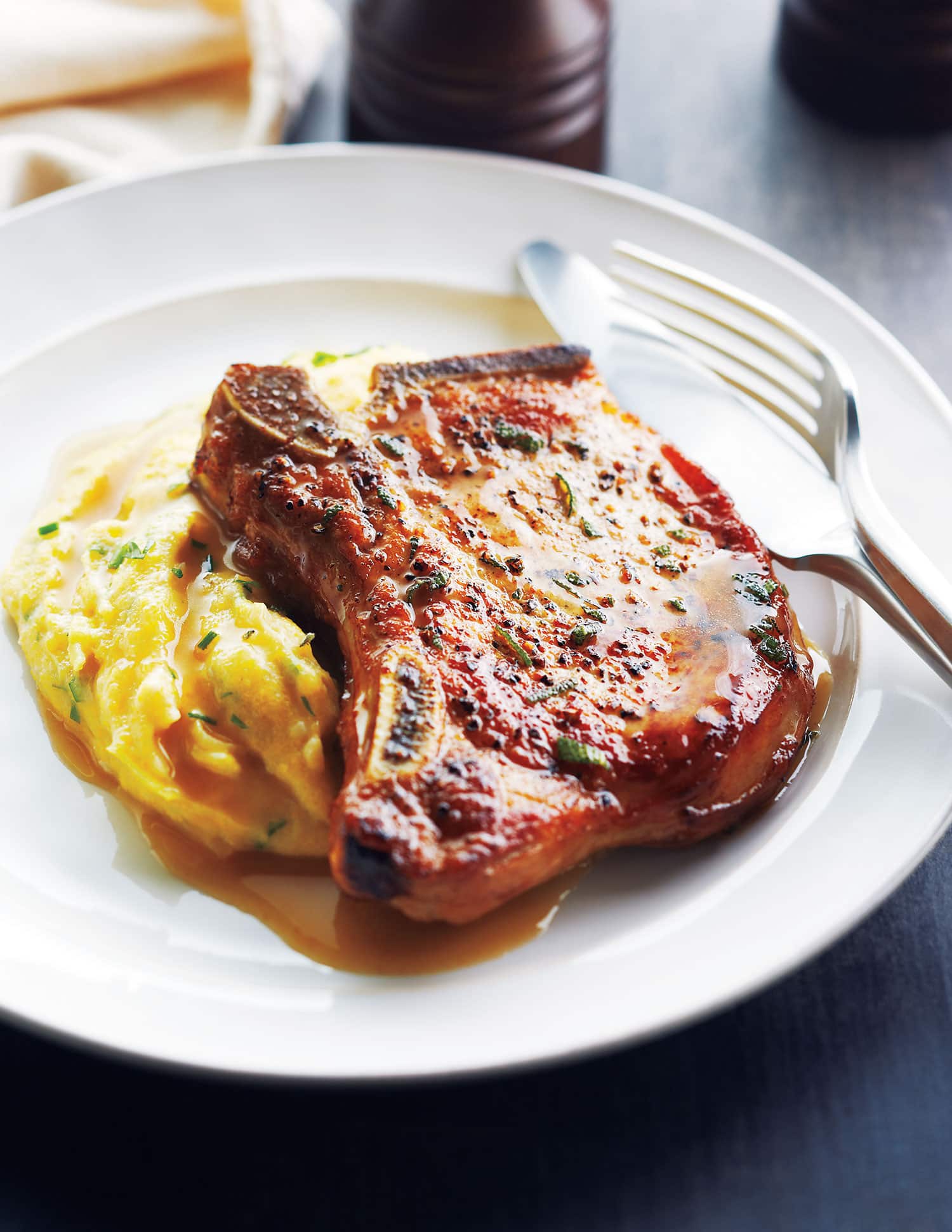 Pork Chops With Cider Sauce and Creamy Herb Polenta Canadian Living
