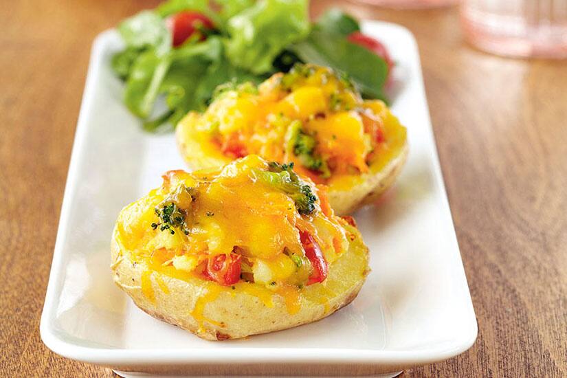 Loaded Broccoli and Cheddar Potatoes with Tossed Salad Canadian Living