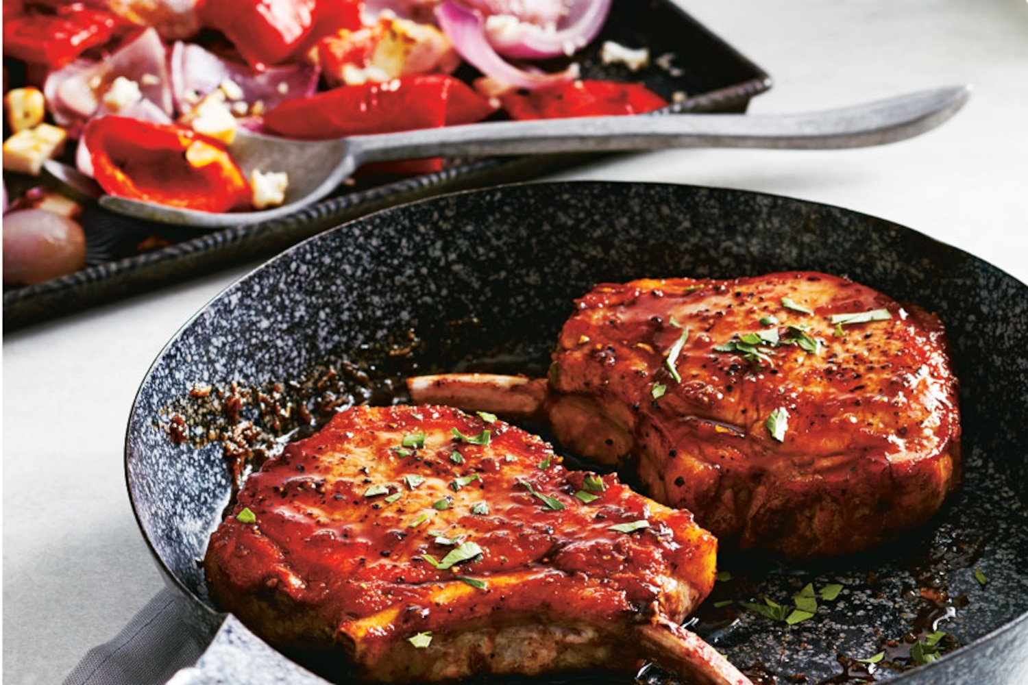 Honey Balsamic Pork Chops with Roasted Peppers | Canadian Living