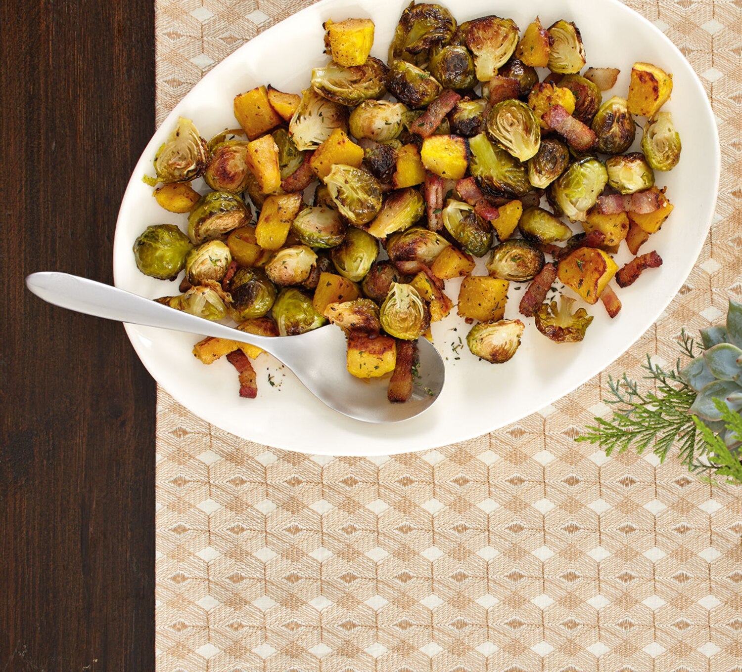 Roasted Squash and Brussels Sprouts With Bacon | Canadian Living