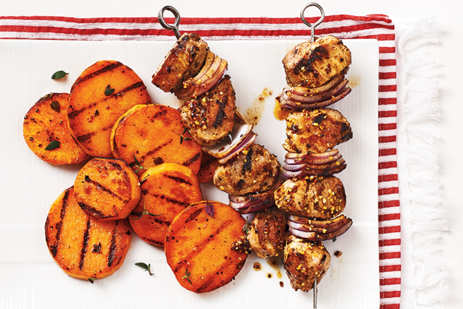 Mustard-Glazed Pork Skewers With Grilled Sweet Potatoes | Canadian Living