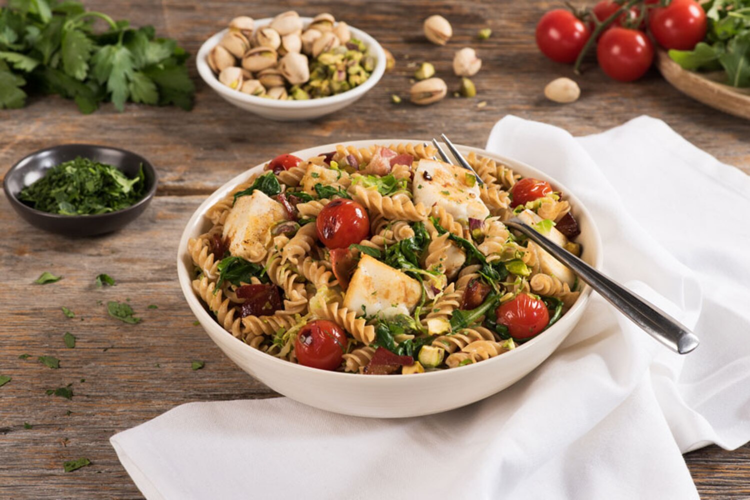Fresh Halibut, Pistachio and Cherry Tomato Fusilli | Canadian Living