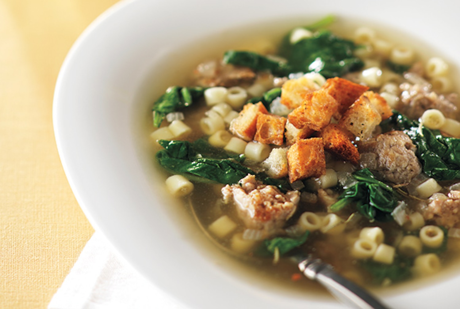 Sausage and Spinach Soup With Rosemary Croutons | Canadian Living