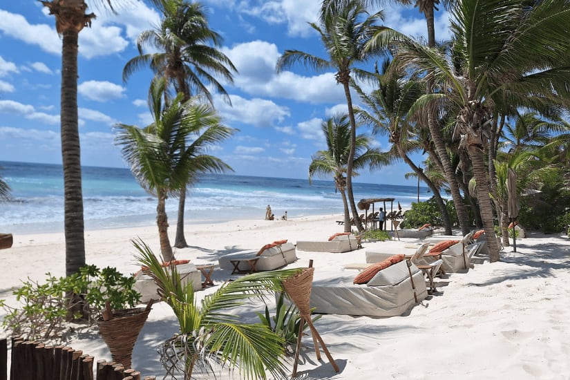 Beach access with beach beds at The Beach Tulum Hotel