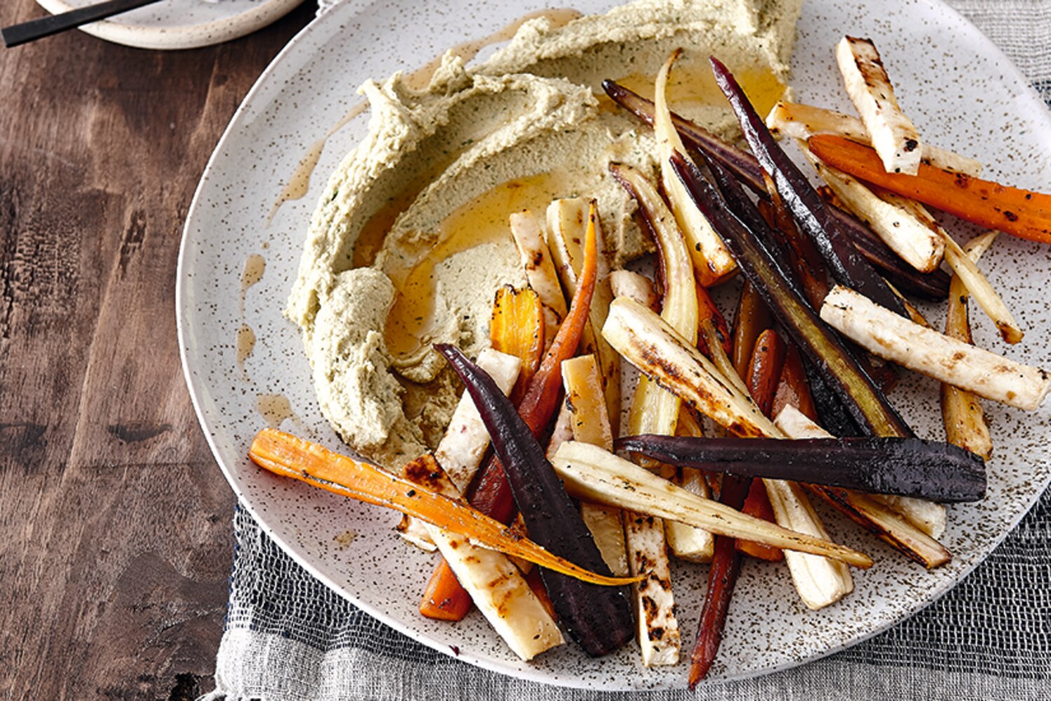HONEY-ROASTED ROOT VEGETABLES WITH CORIANDER HUMMUS | Canadian Living