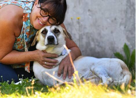 Dominic Andreu con su perro Jedi recién llegado al país. La recién llegada a la familia recibió este nombre porque su nombre en el Líbano terminaba con un sonido