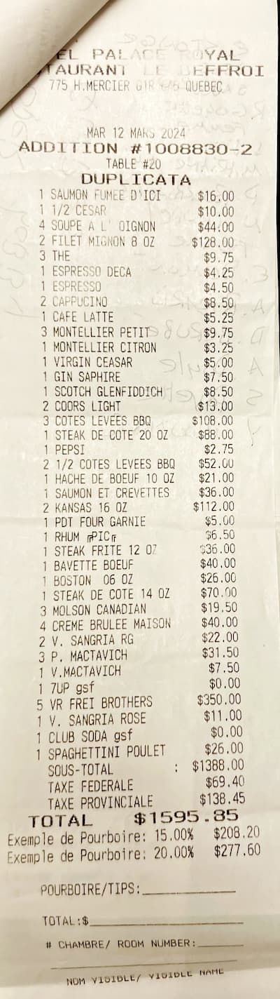 El 12 de marzo de 2024, miembros del ejecutivo de la construcción FTQ hicieron bombas en el restaurante Beffroi Steakhouse, del Palace Royal Hotel, en Quebec. La factura, de casi $ 2,000, fue reembolsada por la Unión Central sobre los gastos del vicepresidente Stéphane Payette (en Mortise).