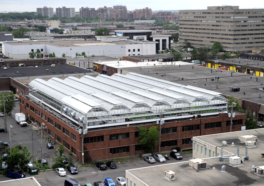 Aerial view of Lufa Farms greenhouses in Montreal.