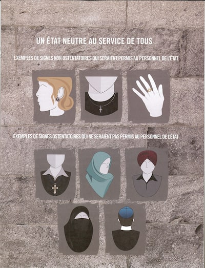 Una de las infografías utilizadas por el Gobierno de Quebec en 2013, cuando el Ministro de Instituciones Democráticas de PQ en ese momento, Bernard Drainville, había presentado su proyecto como una carta para los valores de Quebec.