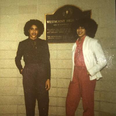 A class photo of Westmount High School, Montreal, 1981. Kamala Harris can be seen in the front row, surrounded by a circle.