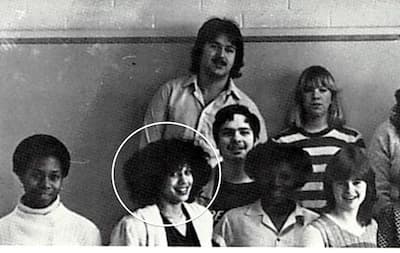 A class photo of Westmount High School, Montreal, 1981. Kamala Harris can be seen in the front row, surrounded by a circle.