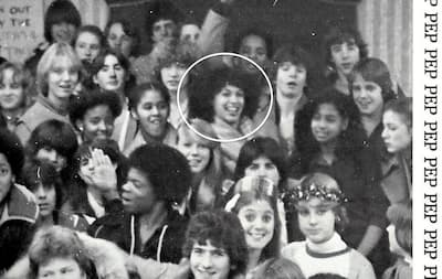 A class photo of Westmount High School, Montreal, 1981. Kamala Harris can be seen in the front row, surrounded by a circle.