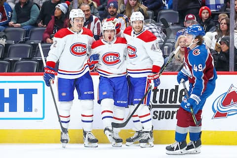 Anthony Richard celebrated his first NHL goal on Wednesday in Colorado with teammates Arber Xhekaj and Joel Armia to the chagrin of Samuel Girard of the Avalanche.