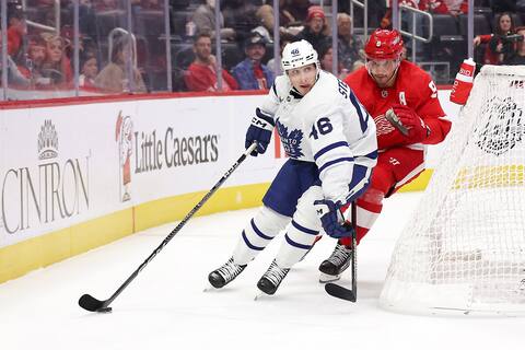 Ben Chiarot chased Alex Steeves in an exhibition game between the Red Wings and Maple Leafs last Friday.