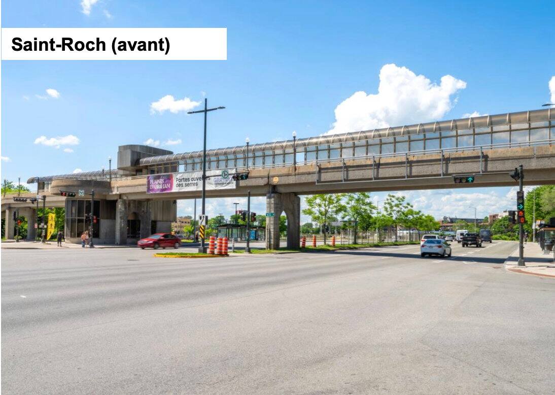 Les travaux du tramway se déroulent partout dans la ville à l’été 2026. La passerelle Adrien-Pouliot avant la démolition.