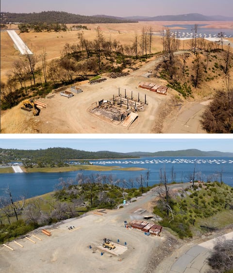 Lac d'Oroville, en septembre 2021 sur l'image du haut, et en avril 2023 sur l'image du bas.