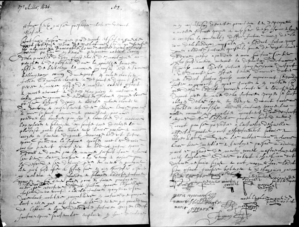 Contrat de mariage conclu le 27 juillet 1636, entre Anne Cloutier et Robert Drouin