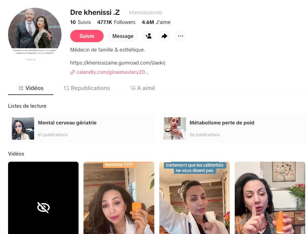 La page TikTok de la Dre Zeineb Khenissi est suivie par plus de 475 000 abonnés.