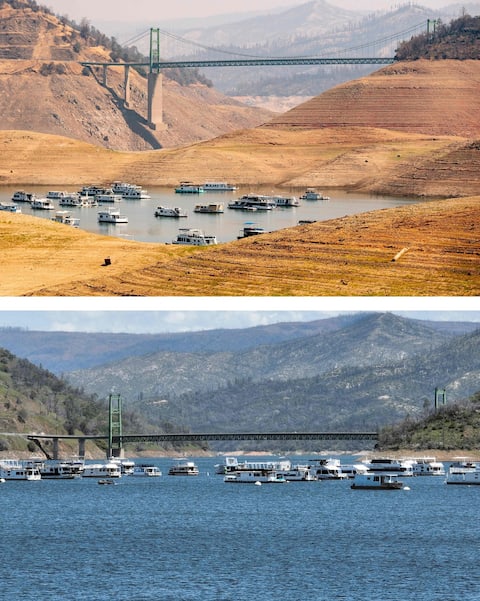 Lac d'Oroville, en septembre 2021 sur l'image du haut, et en avril 2023 sur l'image du bas.