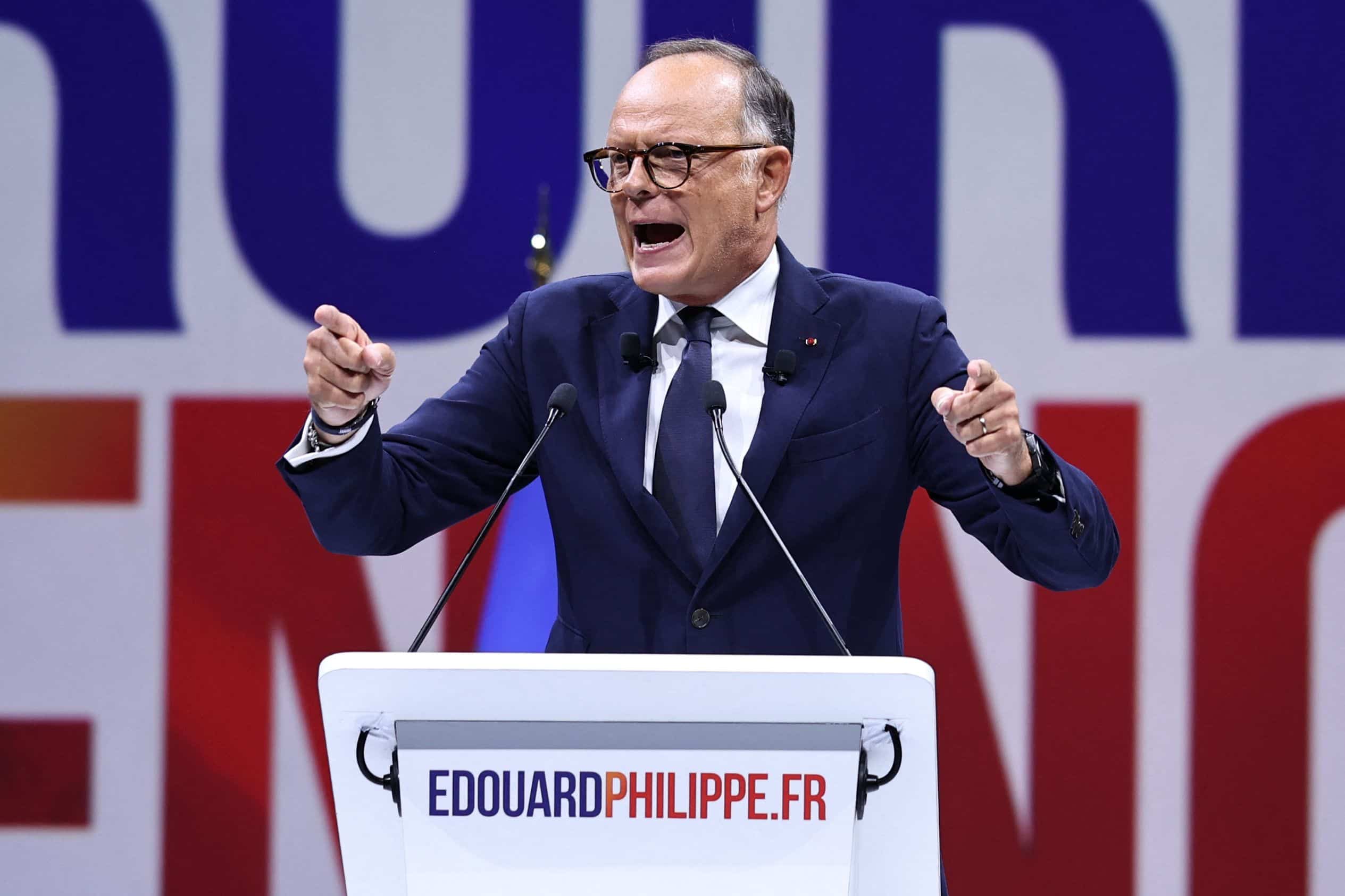 &Eacute;douard Philippe, candidate for the 2027 French presidential election, during his presidential campaign rally at the Adidas Arena in northern Paris on July 5, 2026.