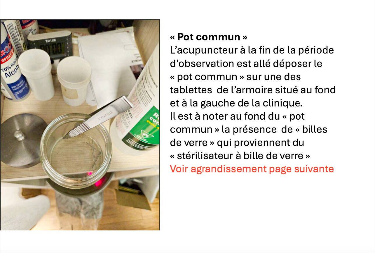 Retrato del acupunturista Gasan Askerow, multado con 30.000 dólares, en particular por utilizar agujas sucias en quebequenses.  Al fondo, agujas contaminadas encontradas en su despacho durante la investigación del síndico de la Orden.