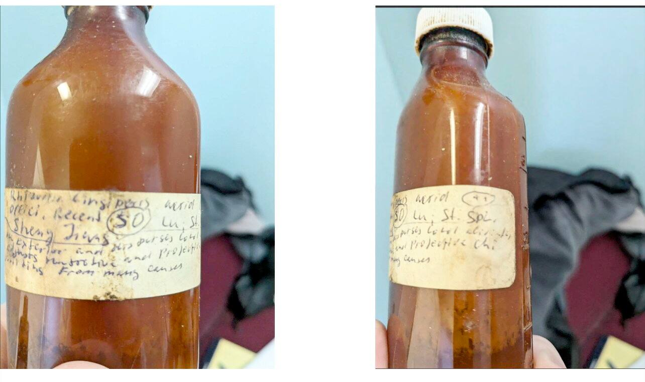 Retrato del acupunturista Gasan Askerow, multado con 30.000 dólares, en particular por utilizar agujas sucias en quebequenses.  Al fondo, agujas contaminadas encontradas en su despacho durante la investigación del síndico de la Orden.