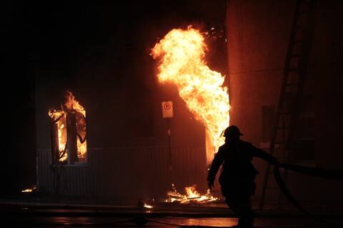The flames, which came to life early Saturday morning, can be seen in the corner of the Ru Desalus and Boulevard Laframbois.