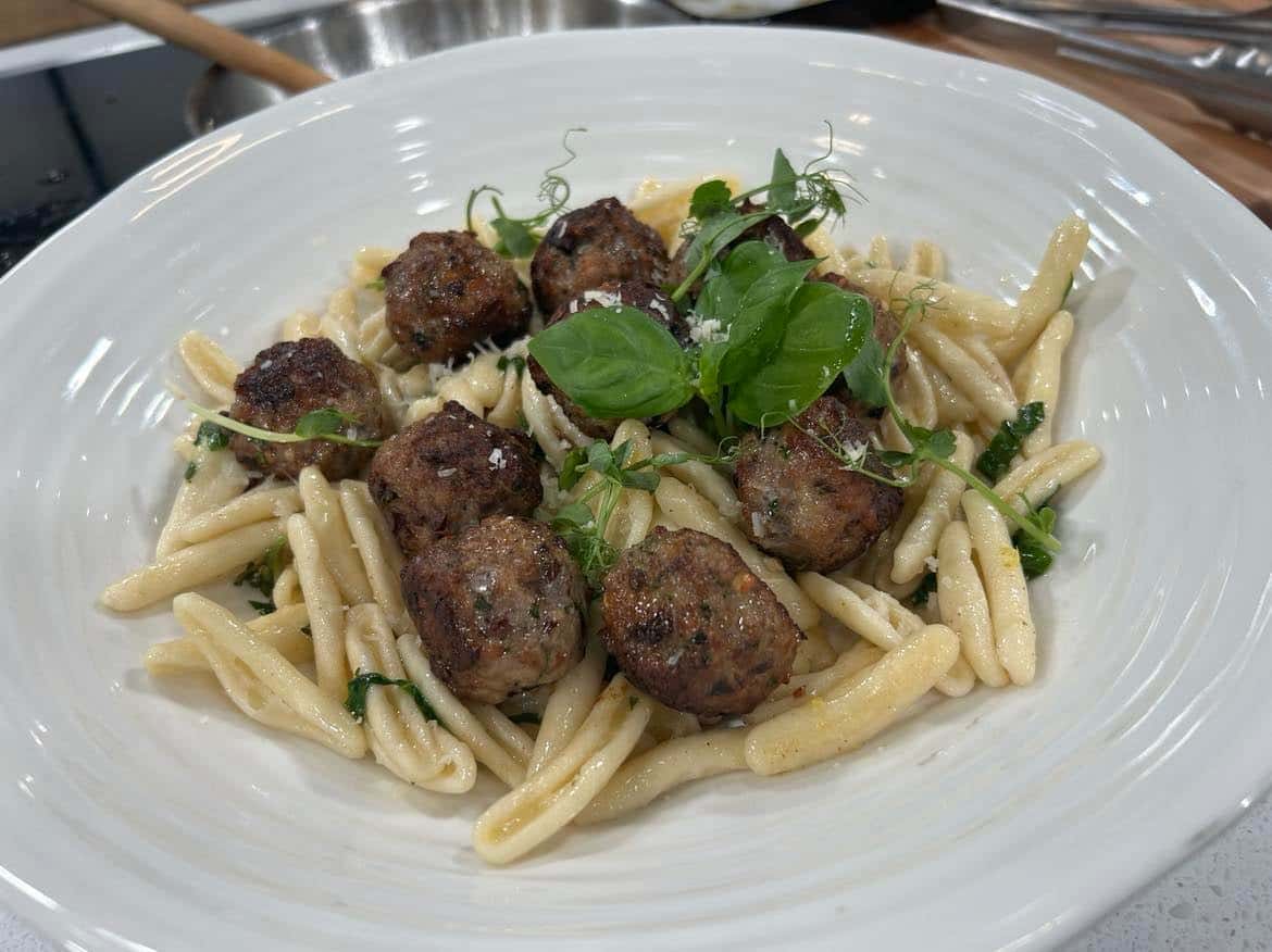 Veal meatballs with olives and basil, cavatelli, lemon and parmesan