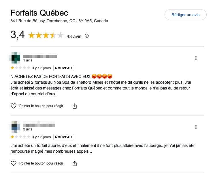 On retrouve des dizaines de commentaires négatifs sur la page Facebook et le compte Google de l'entreprise Forfaits Québec. Il s'agit majoritairement de clients incapables d'utiliser leur forfait dans un hôtel et de se faire rembourser par la compagnie. 