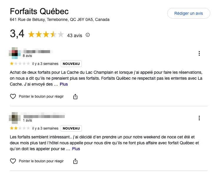 On retrouve des dizaines de commentaires négatifs sur la page Facebook et le compte Google de l'entreprise Forfaits Québec. Il s'agit majoritairement de clients incapables d'utiliser leur forfait dans un hôtel et de se faire rembourser par la compagnie. 