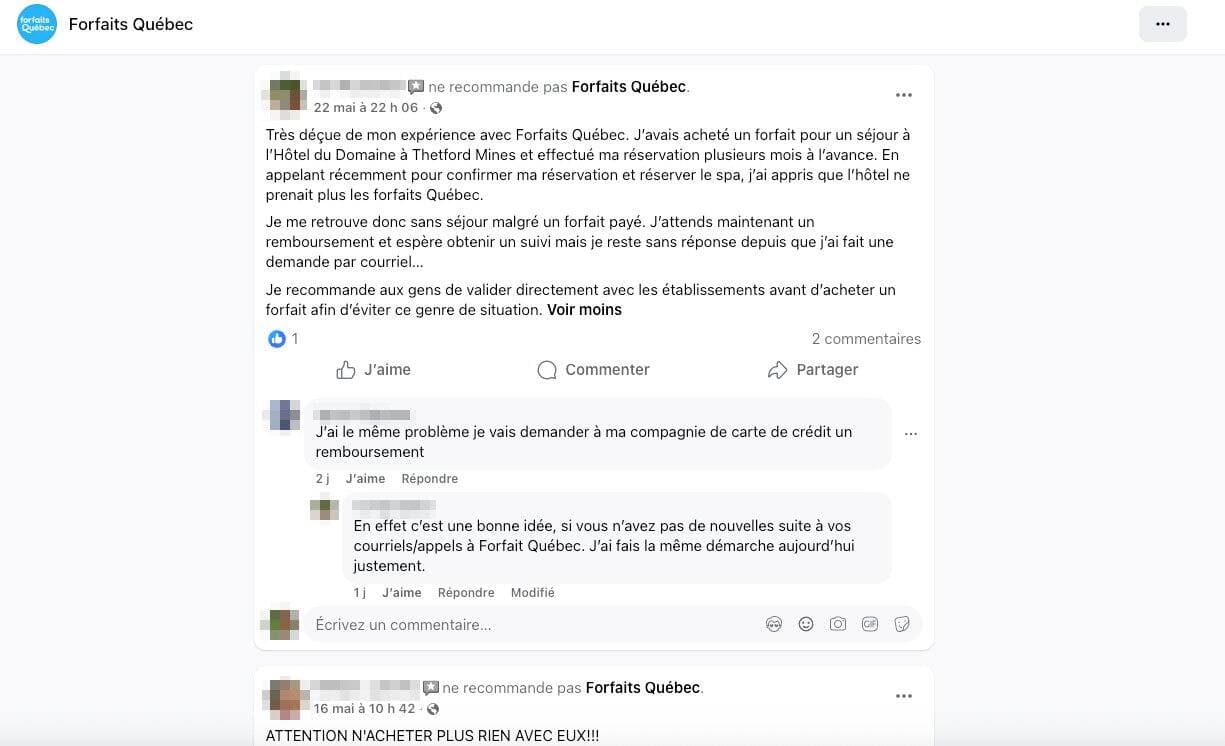 On retrouve des dizaines de commentaires négatifs sur la page Facebook et le compte Google de l'entreprise Forfaits Québec. Il s'agit majoritairement de clients incapables d'utiliser leur forfait dans un hôtel et de se faire rembourser par la compagnie. 