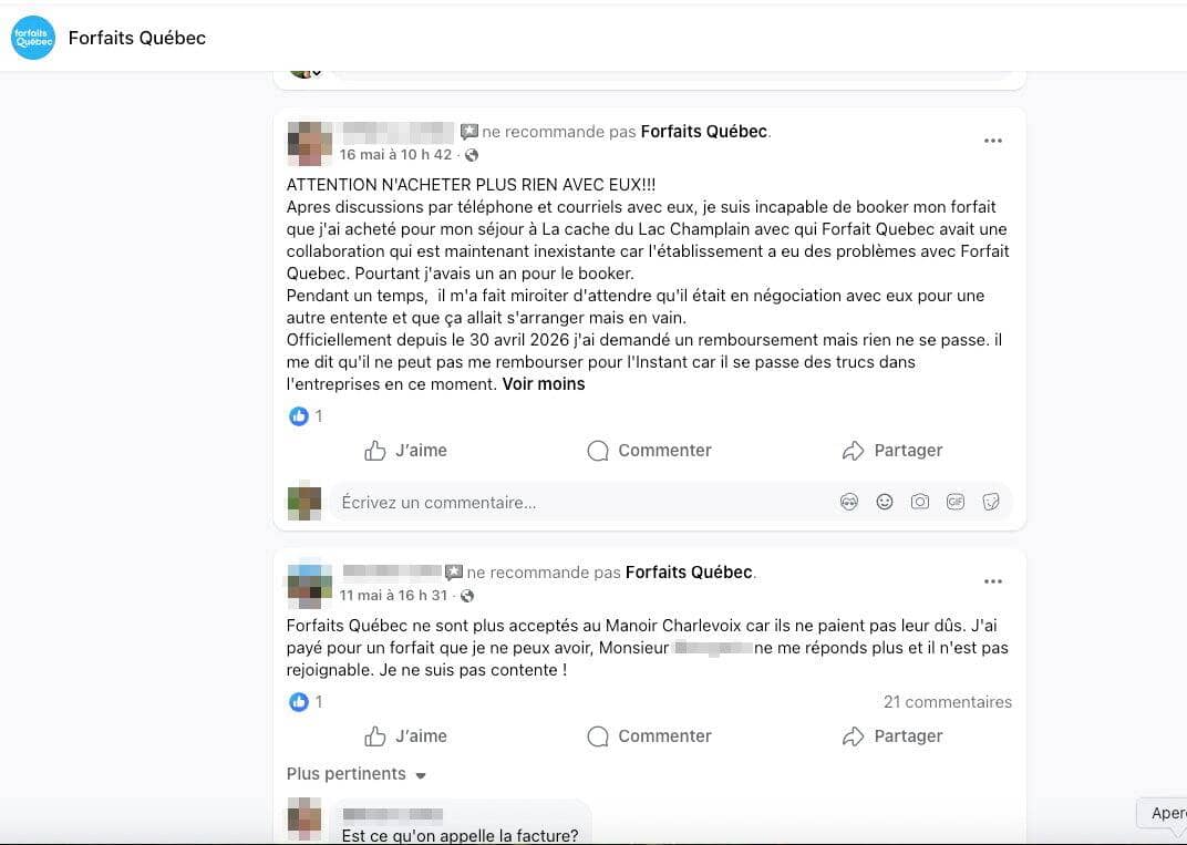 On retrouve des dizaines de commentaires négatifs sur la page Facebook et le compte Google de l'entreprise Forfaits Québec. Il s'agit majoritairement de clients incapables d'utiliser leur forfait dans un hôtel et de se faire rembourser par la compagnie. 