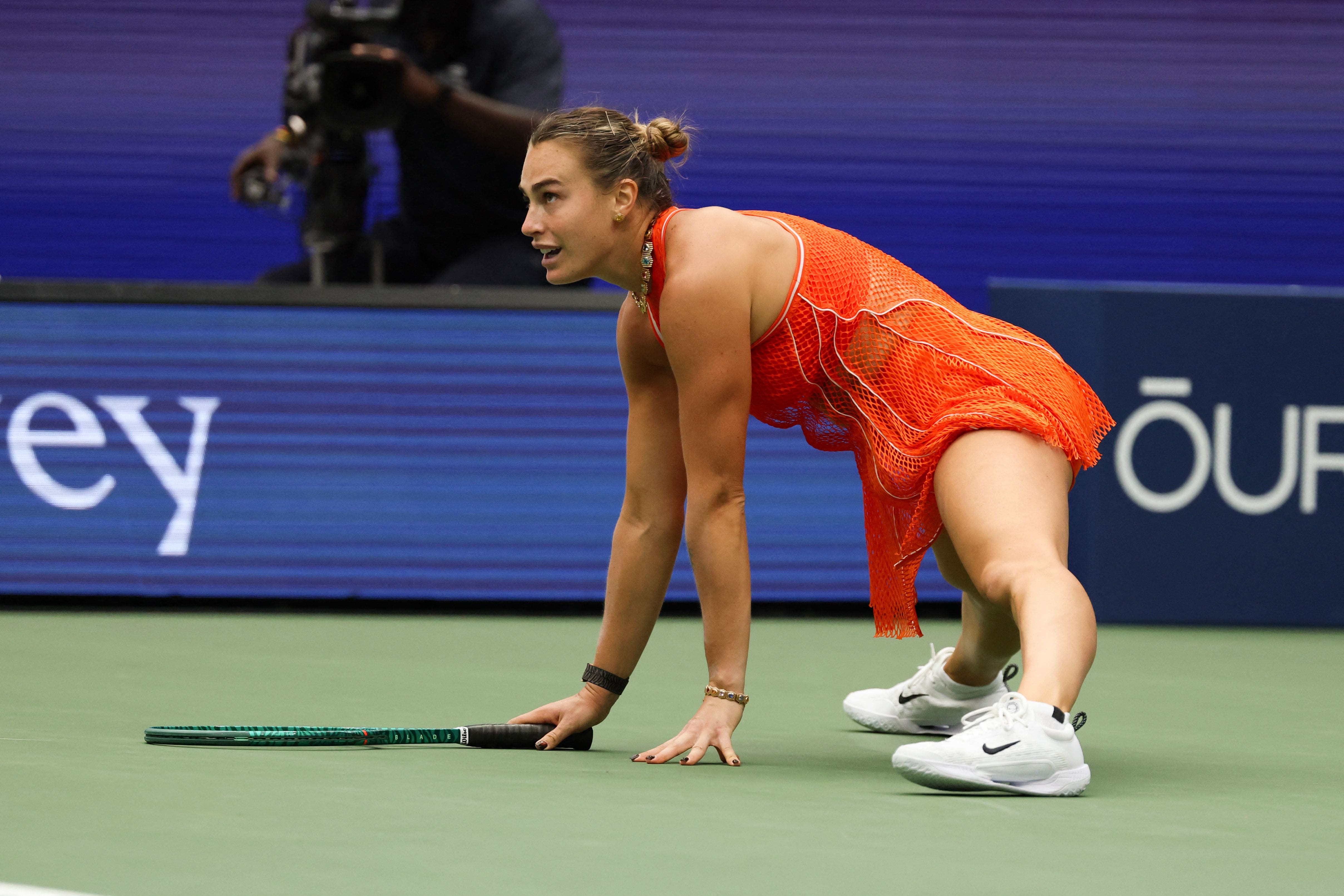 Aryna Sabalenka durant son match de ronde des 16 contre Taylor Townsend, dimanche. Contrairement à vendredi, aucune effluve de cannabis n'est venue déranger la numéro 1 mondiale.