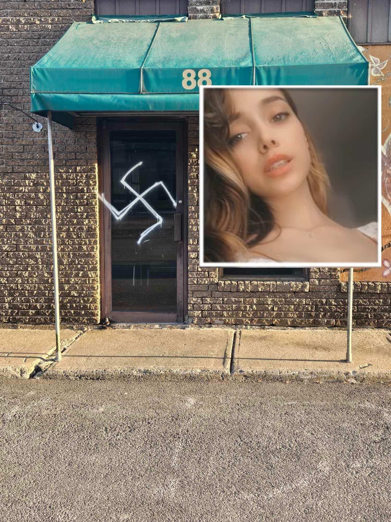 Un des graffitis antisémites faits à Châteauguay dans les dernières semaines. En mortaise, celle qui aurait dessiné ceux-ci, la Québécoise Sandrine Allard Girardot.