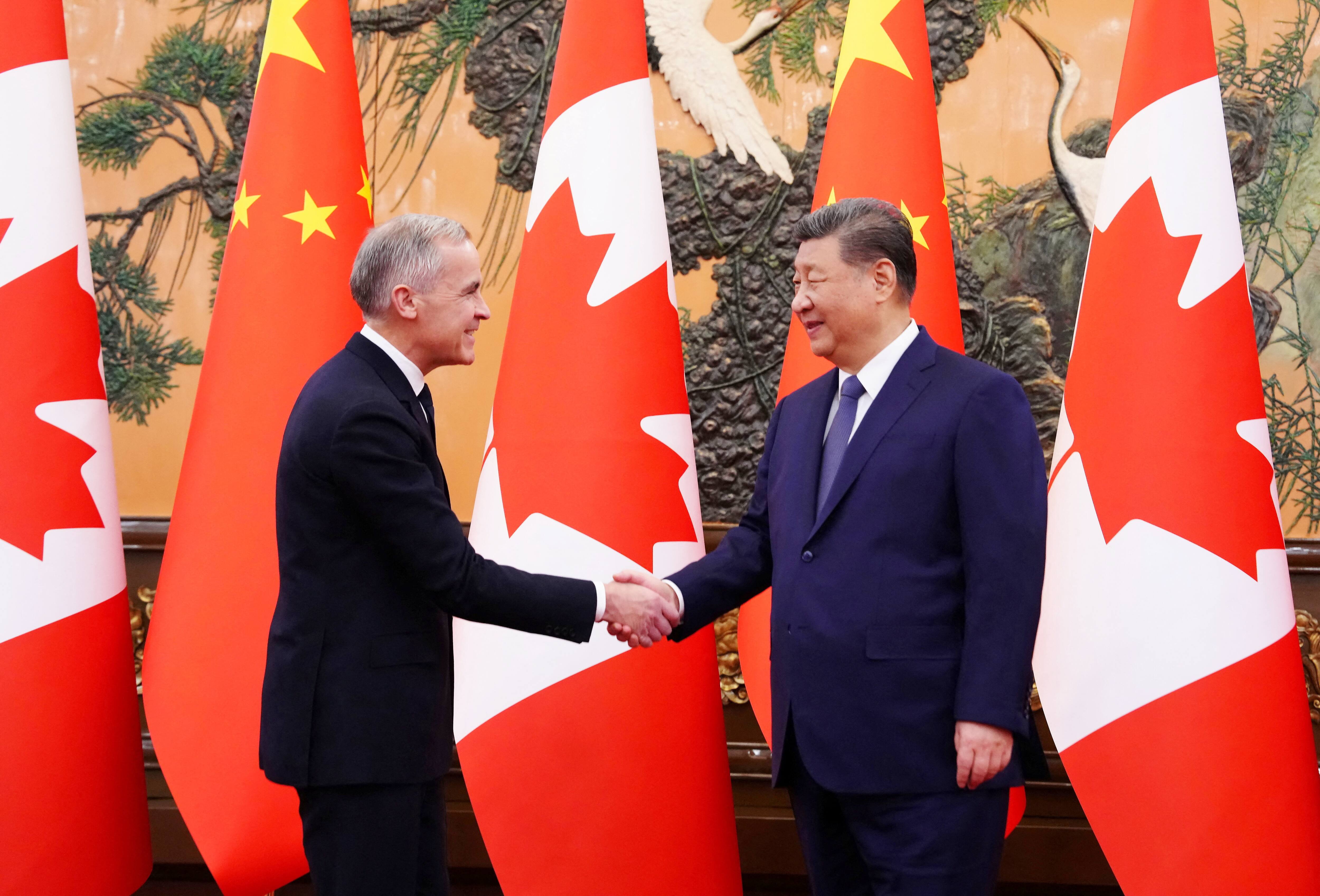 Le premier ministre Mark Carney lors de sa visite en Chine en janvier 2026 avec le président Xi Jinping.