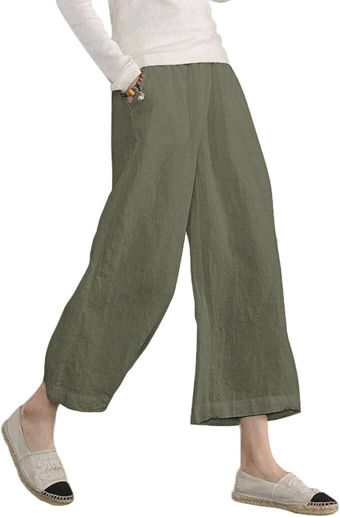 Vêtement Décontracté Taille Haute Pantalon Cargo Femme Ecupper - Taille Élastique 7/8 - 100% Coton - Confort Été - Coupe Large Fluide Pantalon Large Fluide 7/8