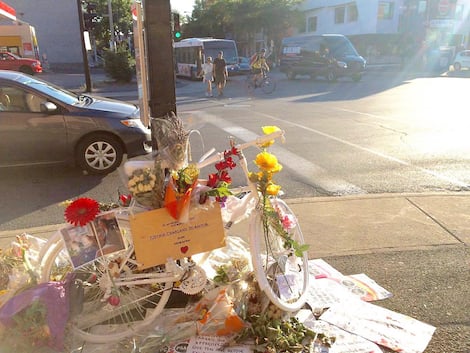 Rosemont intersections This ghost bike was installed in Rosemont in Montreal to honor the memory of cyclist Justine Charland-St-Amour who died in 2016 after being hit by a heavy weight.