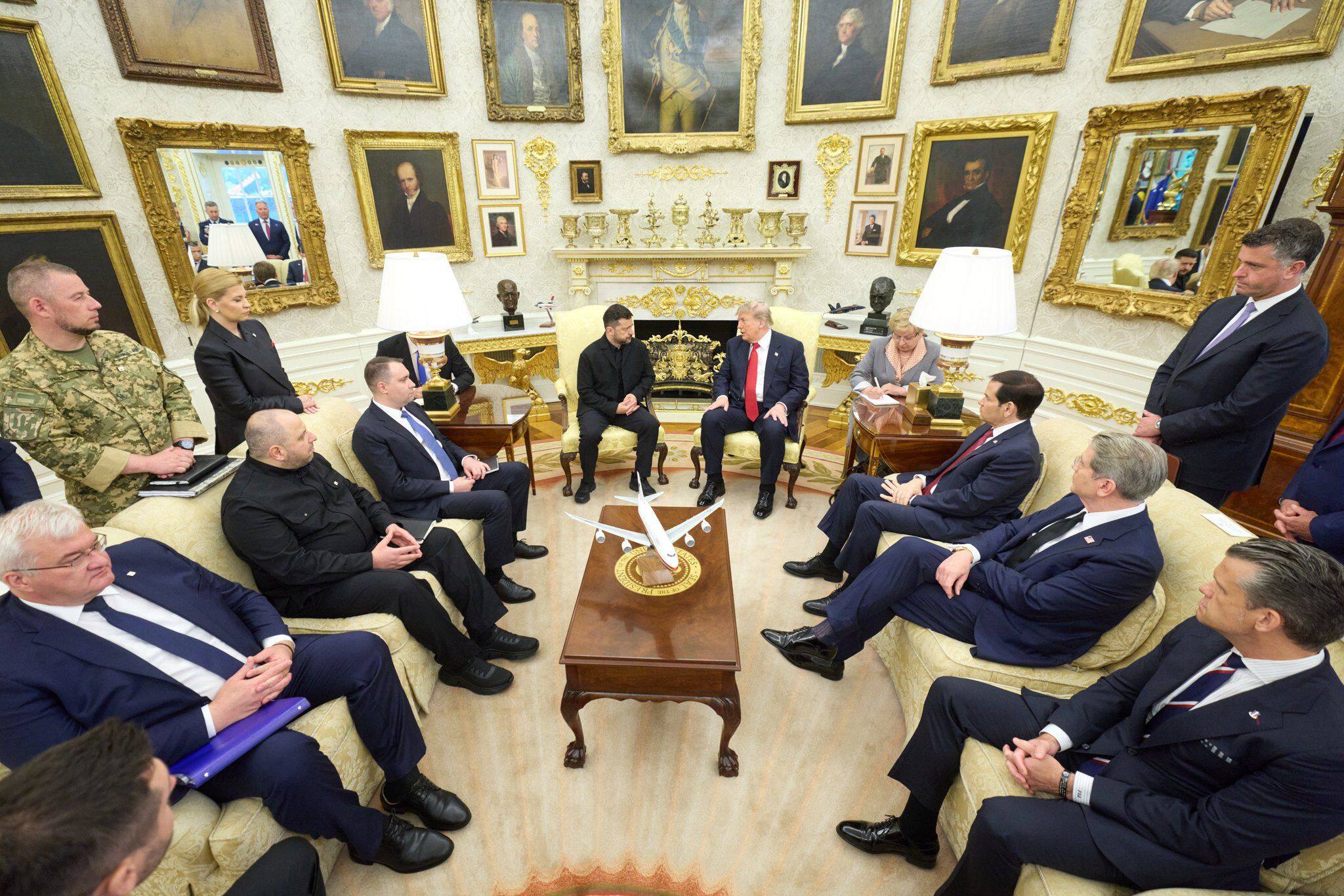 Ukrainian President Volodymyr Zelensky speaking with US President Donald Trump during their meeting in Washington, DC