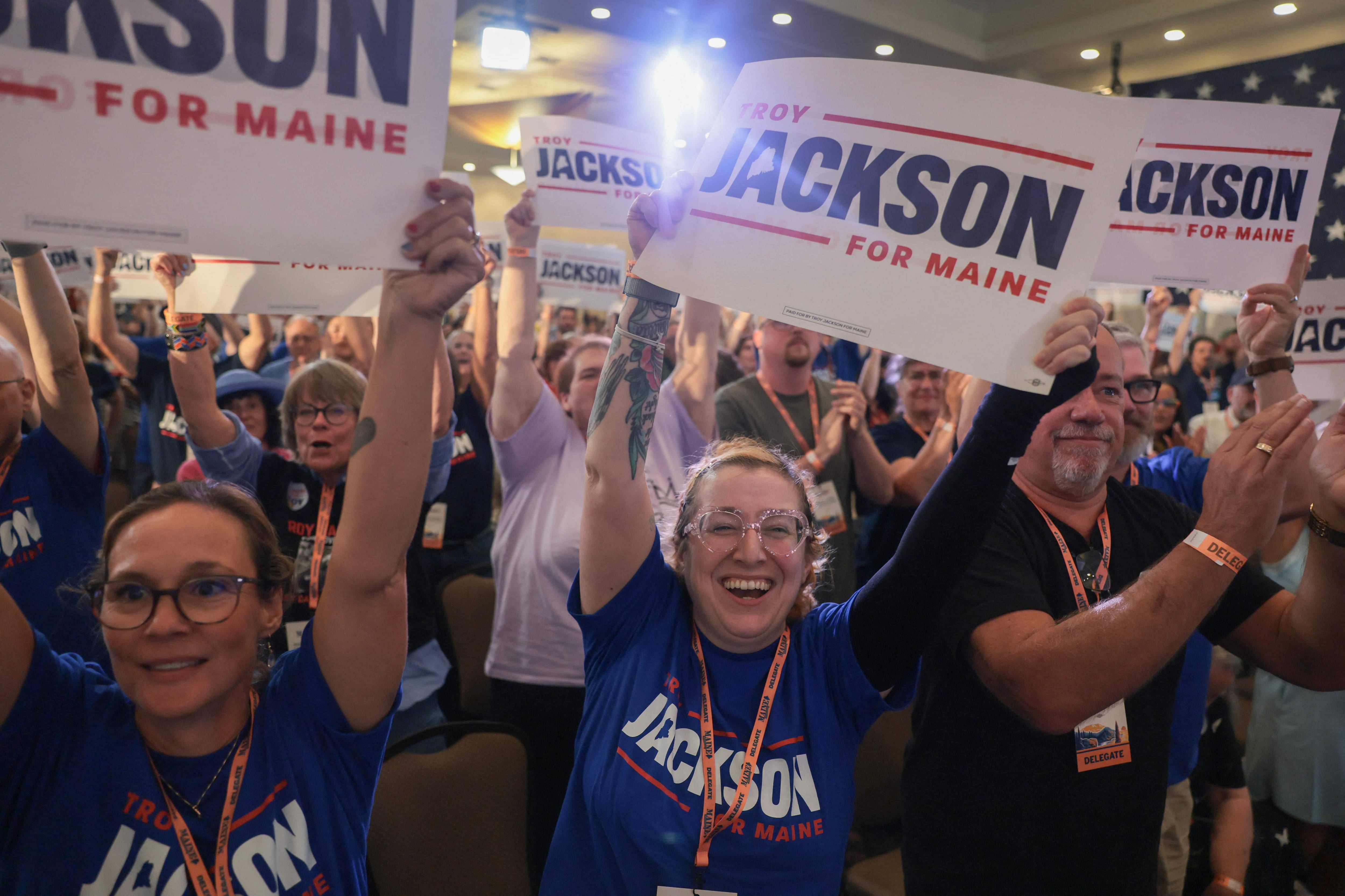 Maine Democratic delegates cheer the announcement of Troy Jackson as the Democratic nominee for U.S. Senate, replacing Graham Platner on the November ballot, July 25, 2026, in Bangor, Maine.
