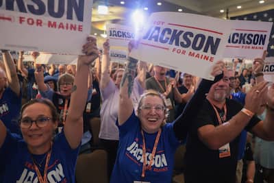Maine Democratic delegates cheer the announcement of Troy Jackson as the Democratic nominee for U.S. Senate, replacing Graham Platner on the November ballot, July 25, 2026, in Bangor, Maine.